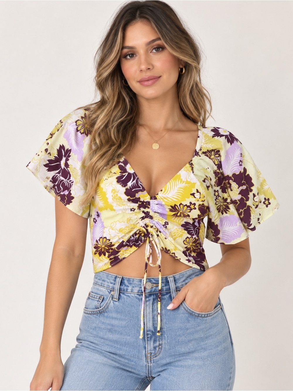Anthropologie Yellow & Purple Floral Drawstring Crop Top